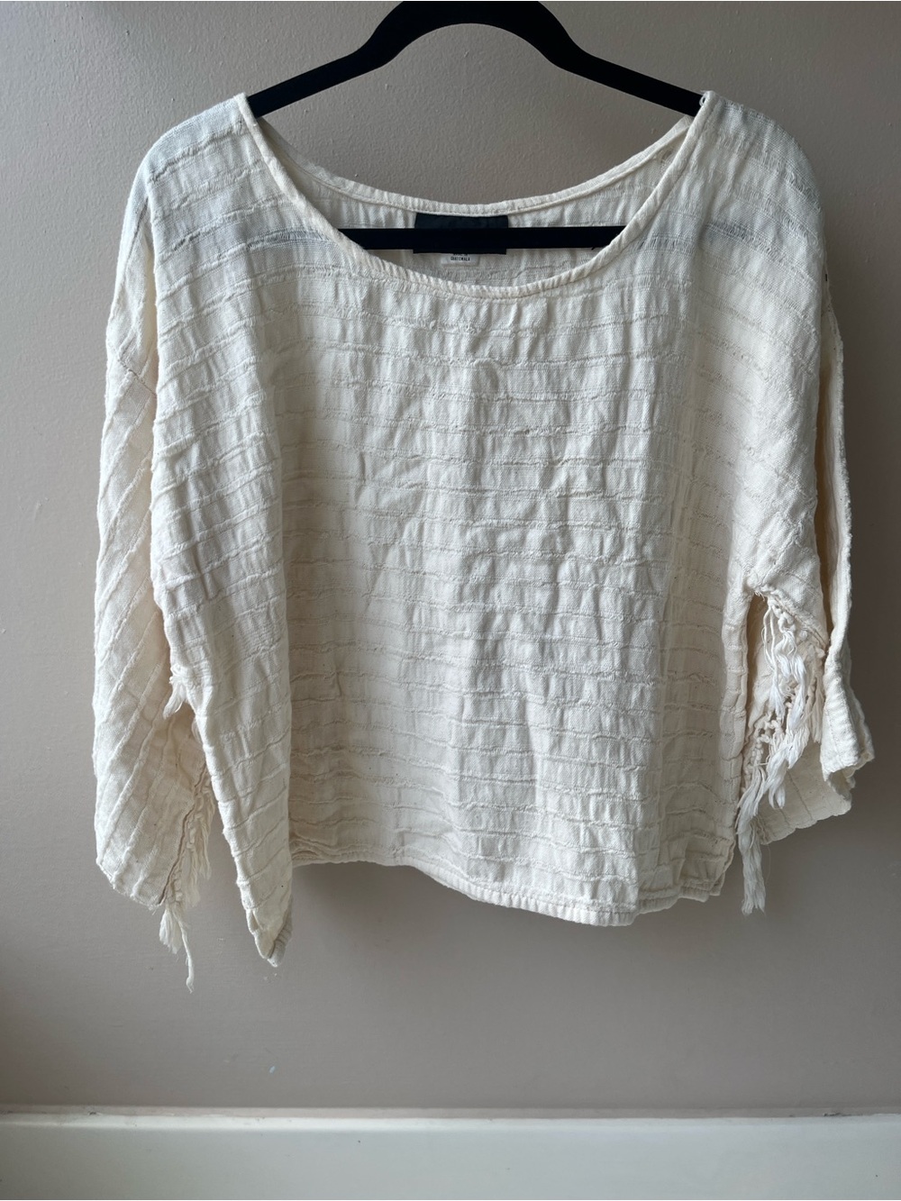 Vintage Moon Weaver Mayan Handwoven Cotton Top With Fringe Sleeve-S/M